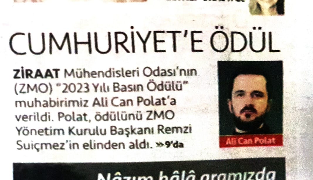 CUMHURİYET GAZETESİ: ZİRAATÇİLERİN BASIN ÖDÜLÜ CUMHURİYET EKONOMİ MUHABİRİ ALİ CAN POLAT`A- 14 OCAK 2024