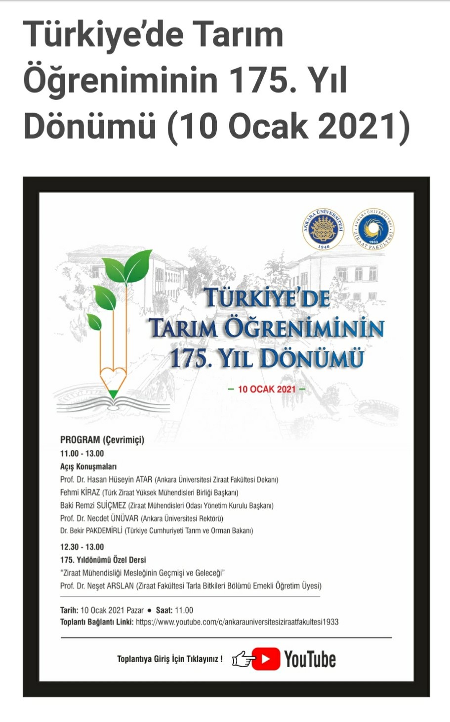 TÜRKİYE'DE TARIM ÖĞRENİMİNİN 175. YILDÖNÜMÜ ETKİNLİĞİ