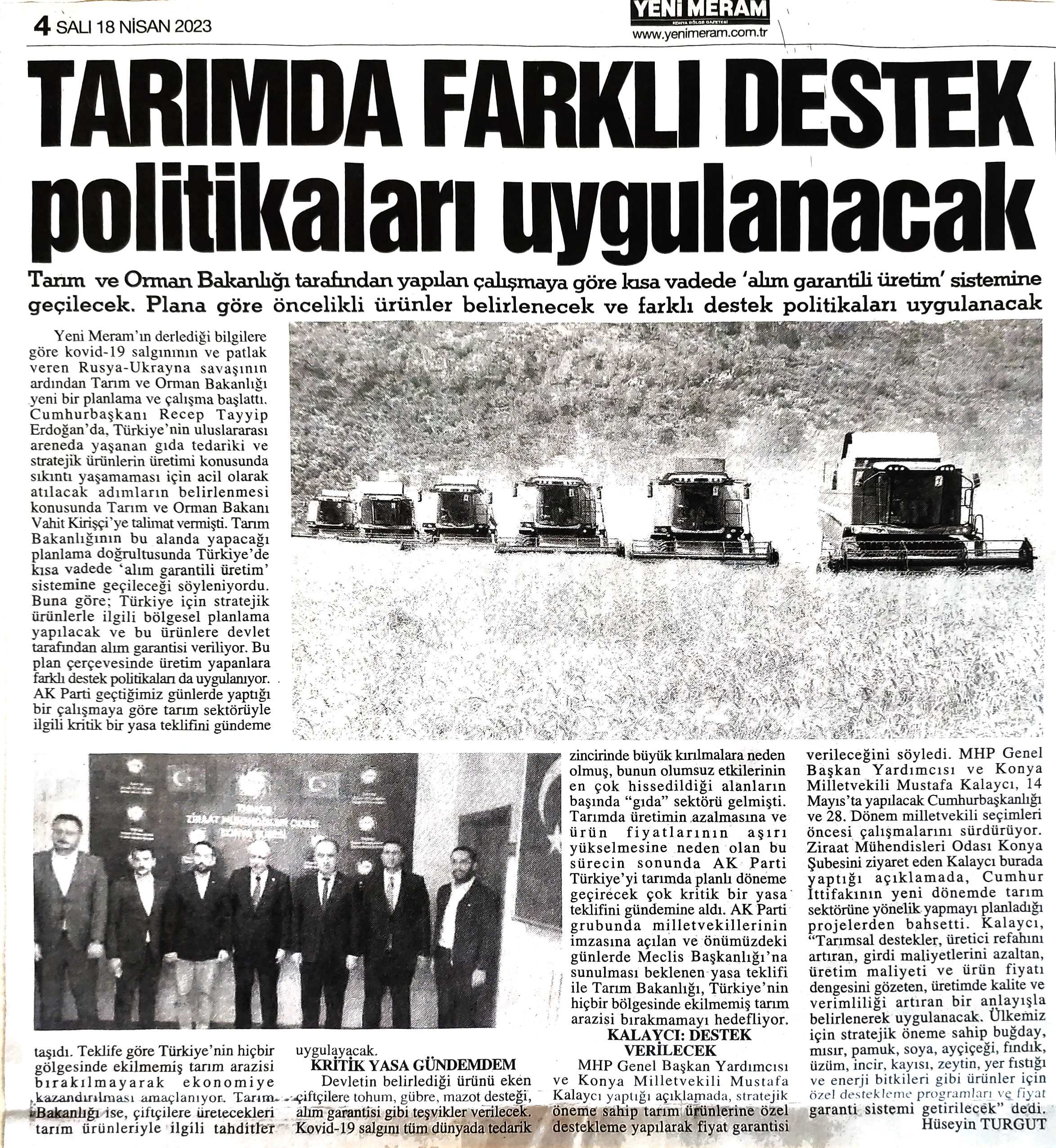 YENİMERAM GAZETESİ : ÇİFTÇİYE ALIM VE FİYAT GARANTİSİ - TARIMDA FARKLI DESTEK POLİTİKALARI UYGULANACAK - 18 NİSAN 2023
