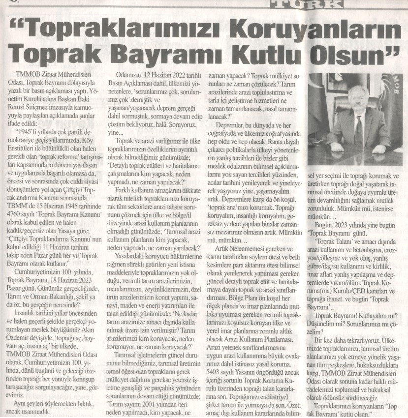 HASATTÜRK GAZETESİ: "TOPRAKLARIMIZI KORUYANLARIN TOPRAK BAYRAMI KUTLU OLSUN"- 19 HAZİRAN 2023