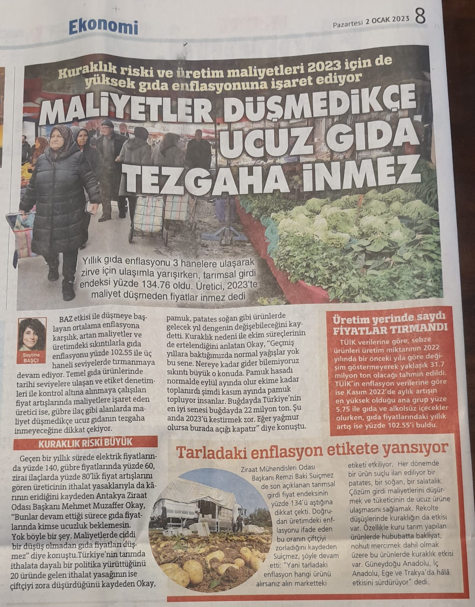 SÖZCÜ GAZETESİ: MALİYETLER DÜŞMEDİKÇE UCUZ GIDA TEZGAHA İNMEZ- 2 OCAK 2023