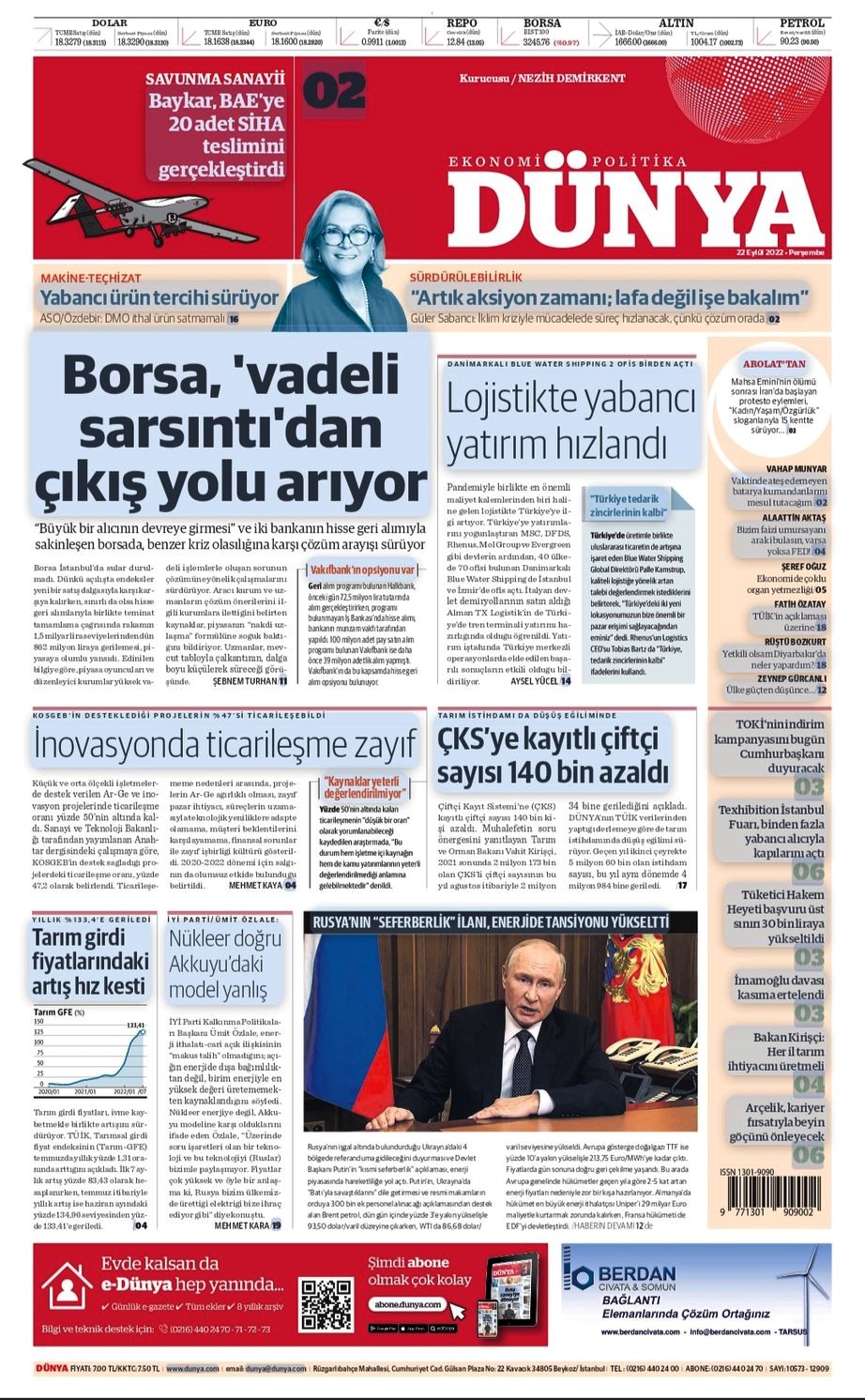 DÜNYA GAZETESİ:PAMUK MALİYETLERİ-22 EYLÜL 2022