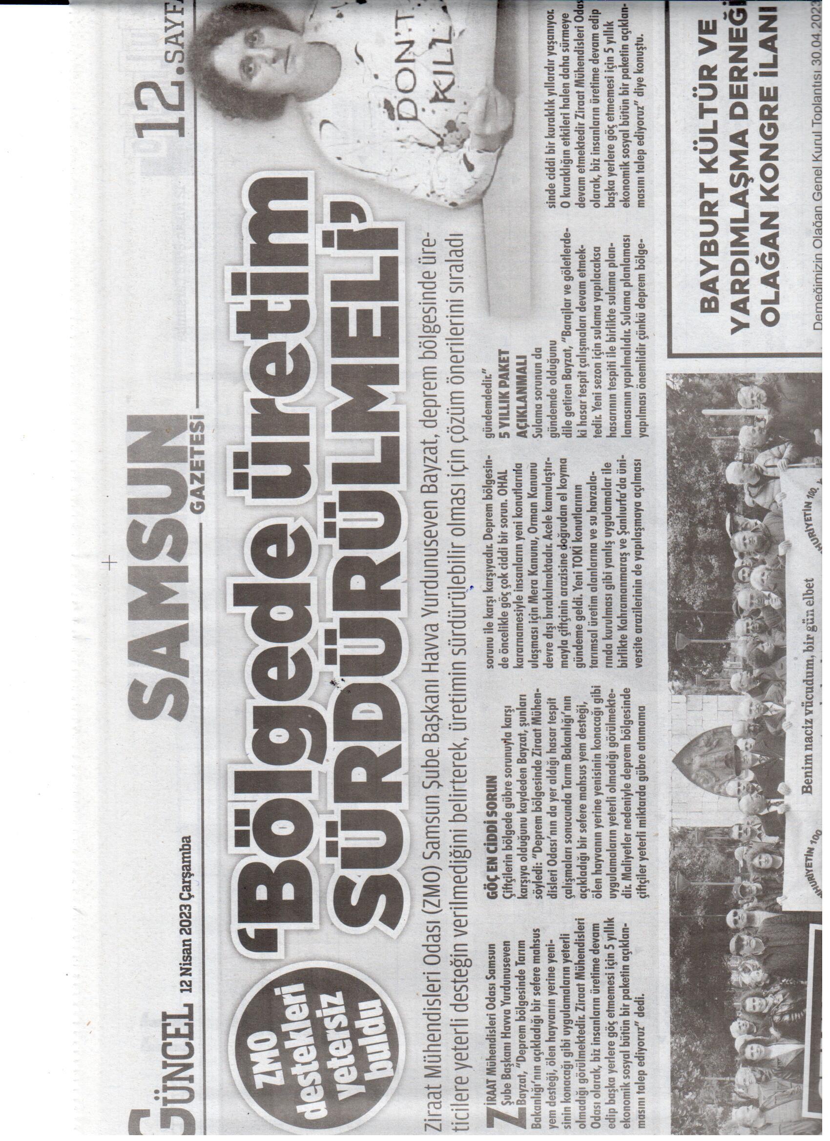 SAMSUN GAZETESİ:BÖLGEDE ÜRETİM SÜRDÜRÜLMELİ-12 NİSAN 2023