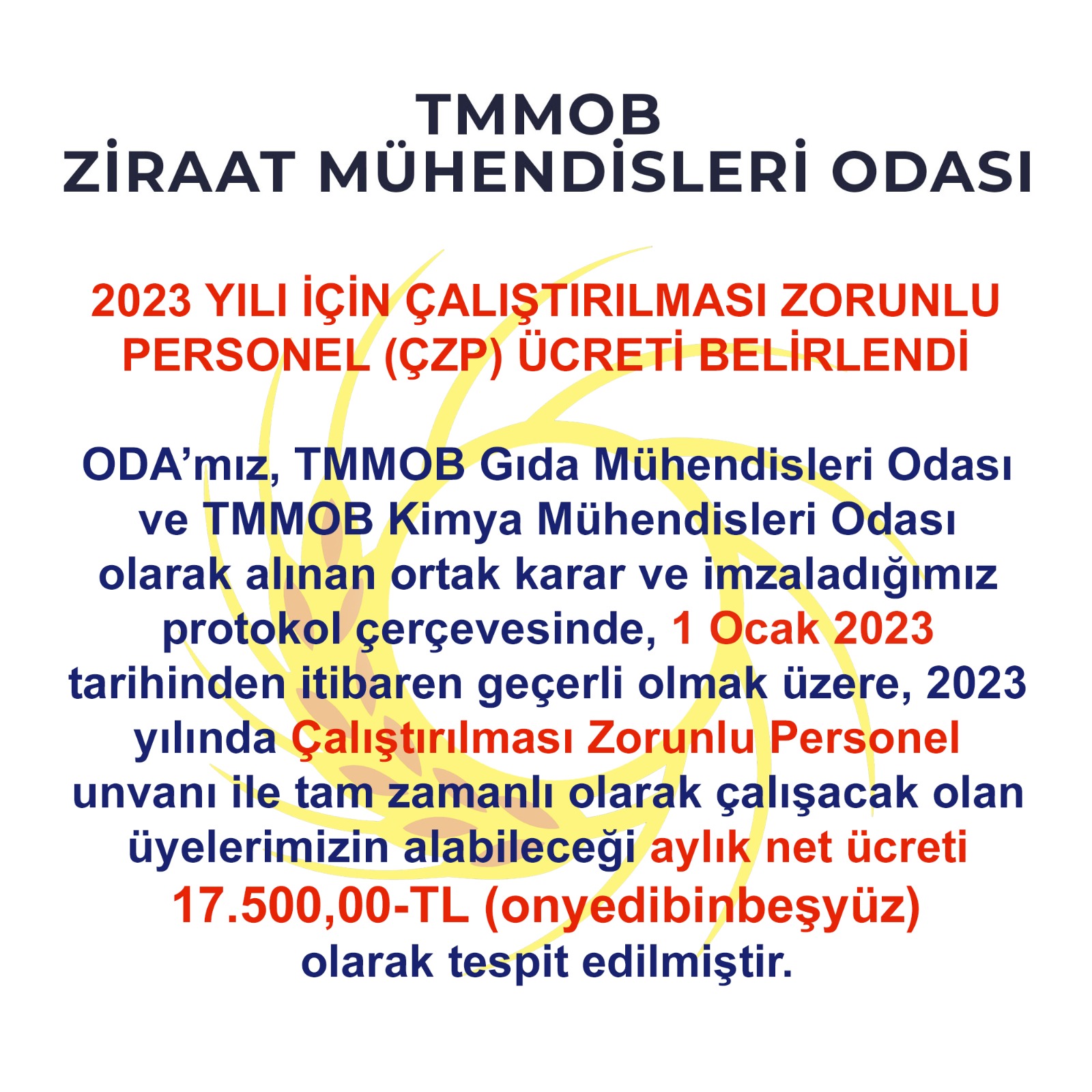2023 YILI İÇİN ÇALIŞTIRILMASI ZORUNLU PERSONEL (ÇZP) ÜCRETİ BELİRLENDİ