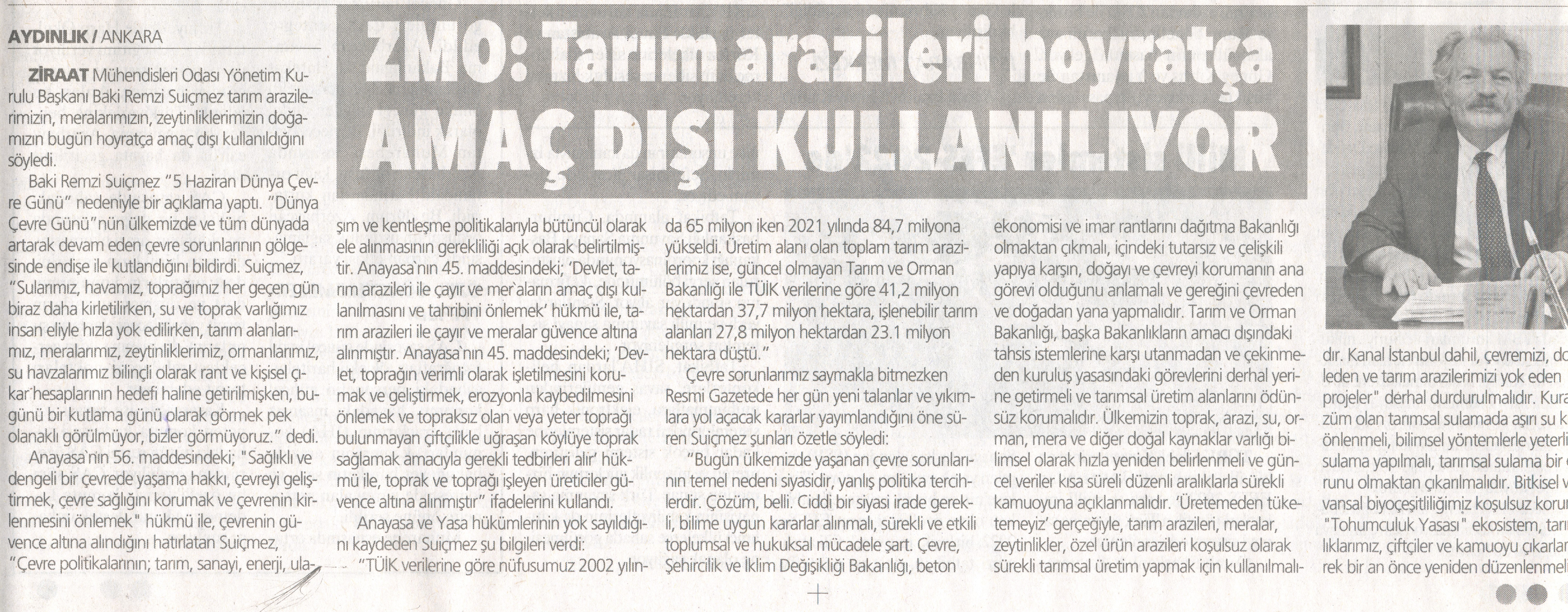 AYDINLIK GAZETESİ: ZMO: TARIM ARAZİLERİ HOYRATÇA AMAÇ DIŞI KULLANILIYOR- 6 HAZİRAN 2022