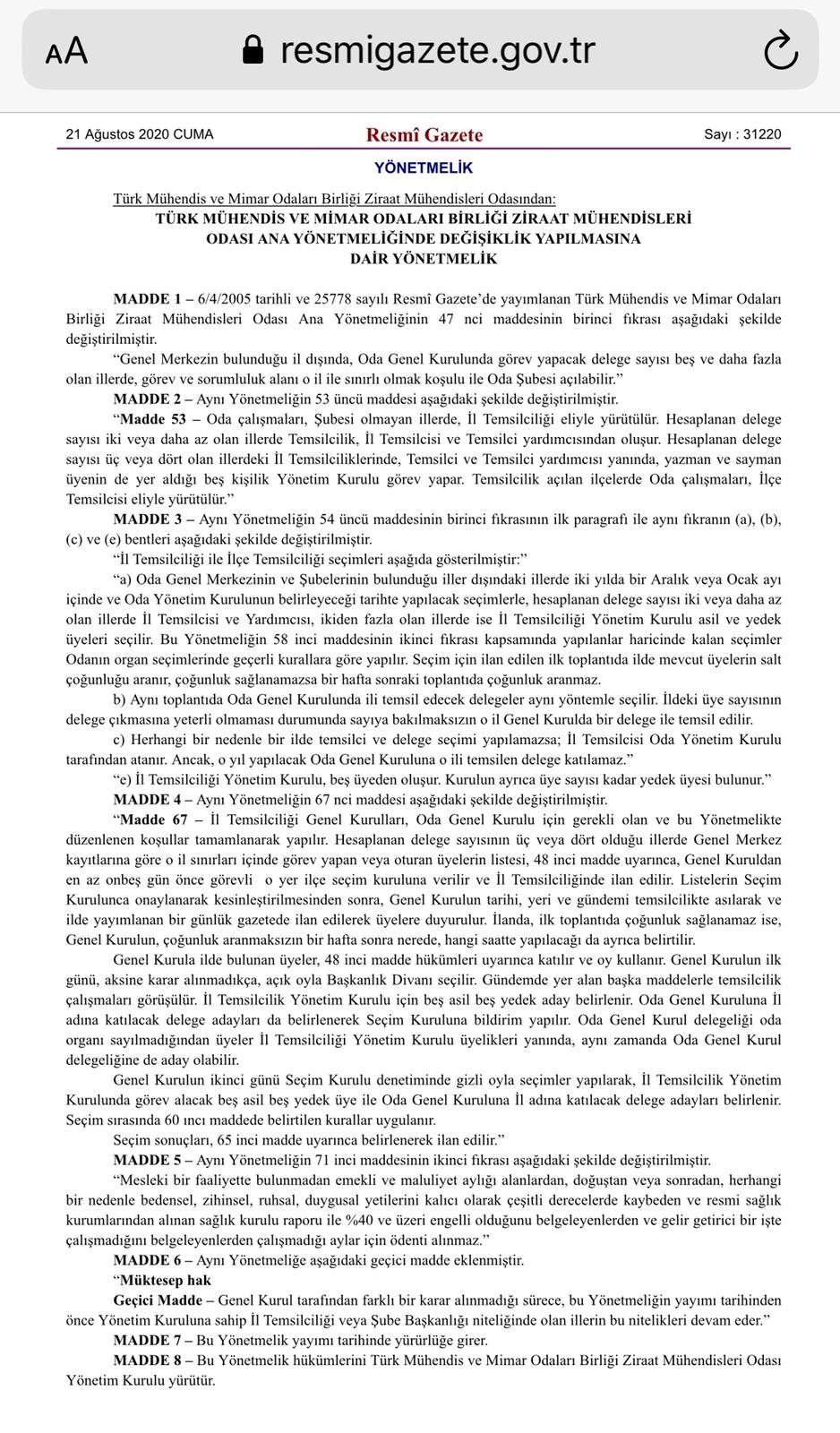 14 MART 2020 TARİHİNDE 47. OLAĞAN GENEL KURULUMUZDA KABUL ETTİĞİMİZ ANA YÖNETMELİK DEĞİŞİKLİKLERİ BUGÜNKÜ RESMİ GAZETE`DE YAYINLANDI.