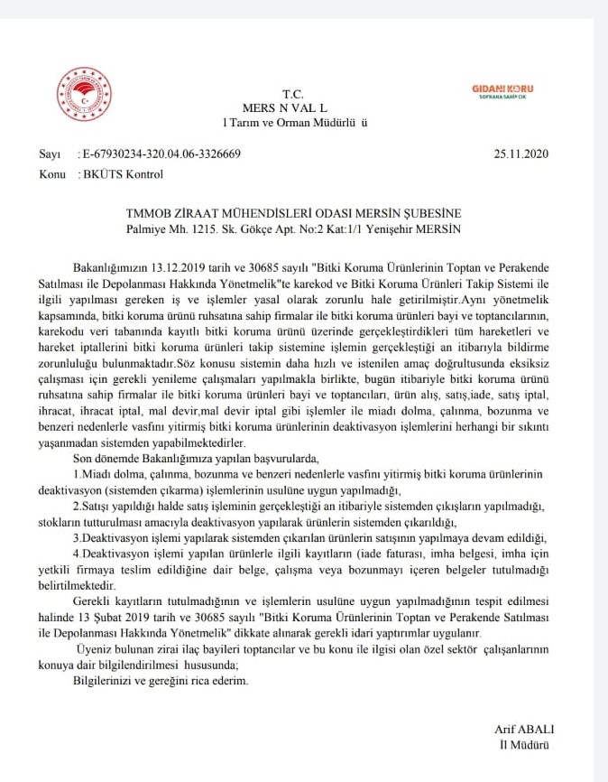BKÜ TAKİP SİSTEMİNİN VE GÜBRE TAKİP SİSTEMİNİN DENETİM BİLGİLENDİRME YAZISI