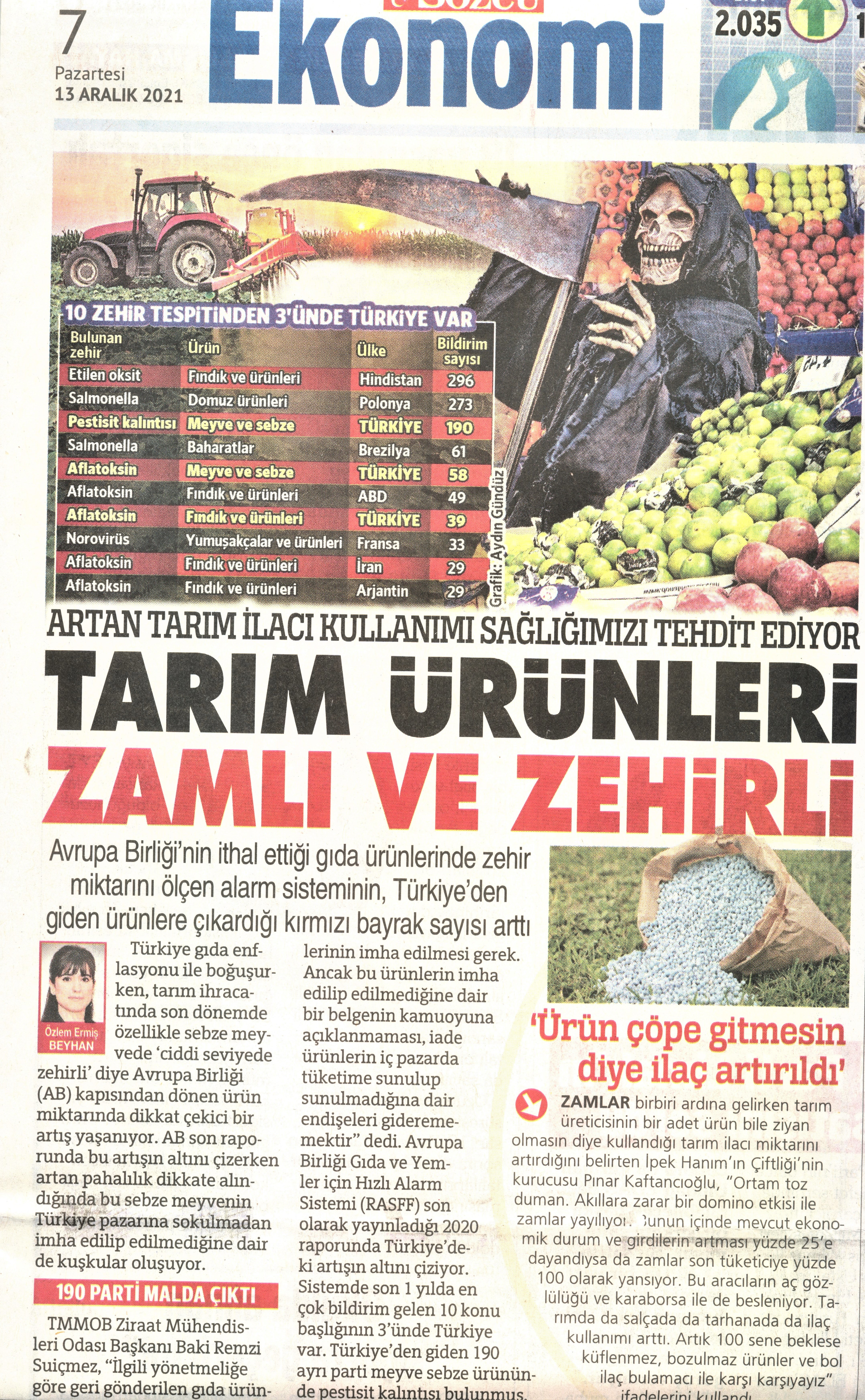 SÖZCÜ GAZETESİ: TARIM ÜRÜNLERİ ZAMLI VE ZEHİRLİ- 13 ARALIK 2021