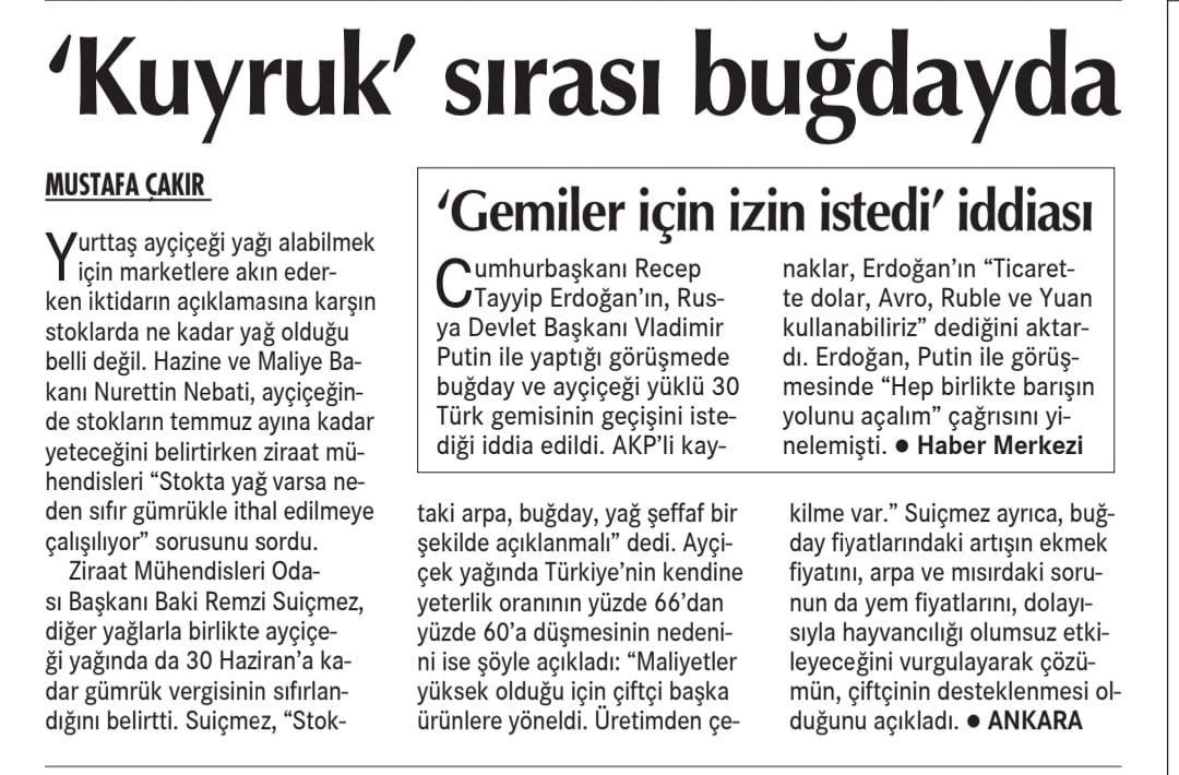 CUMHURİYET GAZETESİ: ZMO BAŞKANI SUİÇMEZ: STOKTAKİ ARPA, BUĞDAY, YAĞ ŞEFFAF BİR ŞEKİLDE AÇIKLANMALI- 8 MART 2022