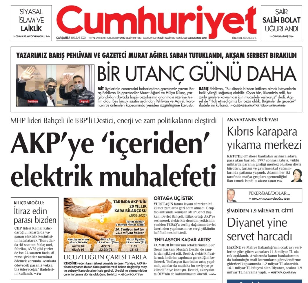 CUMHURİYET GAZETESİ: UCUZLUĞUN YOLU TARLADA- 16 ŞUBAT 2022