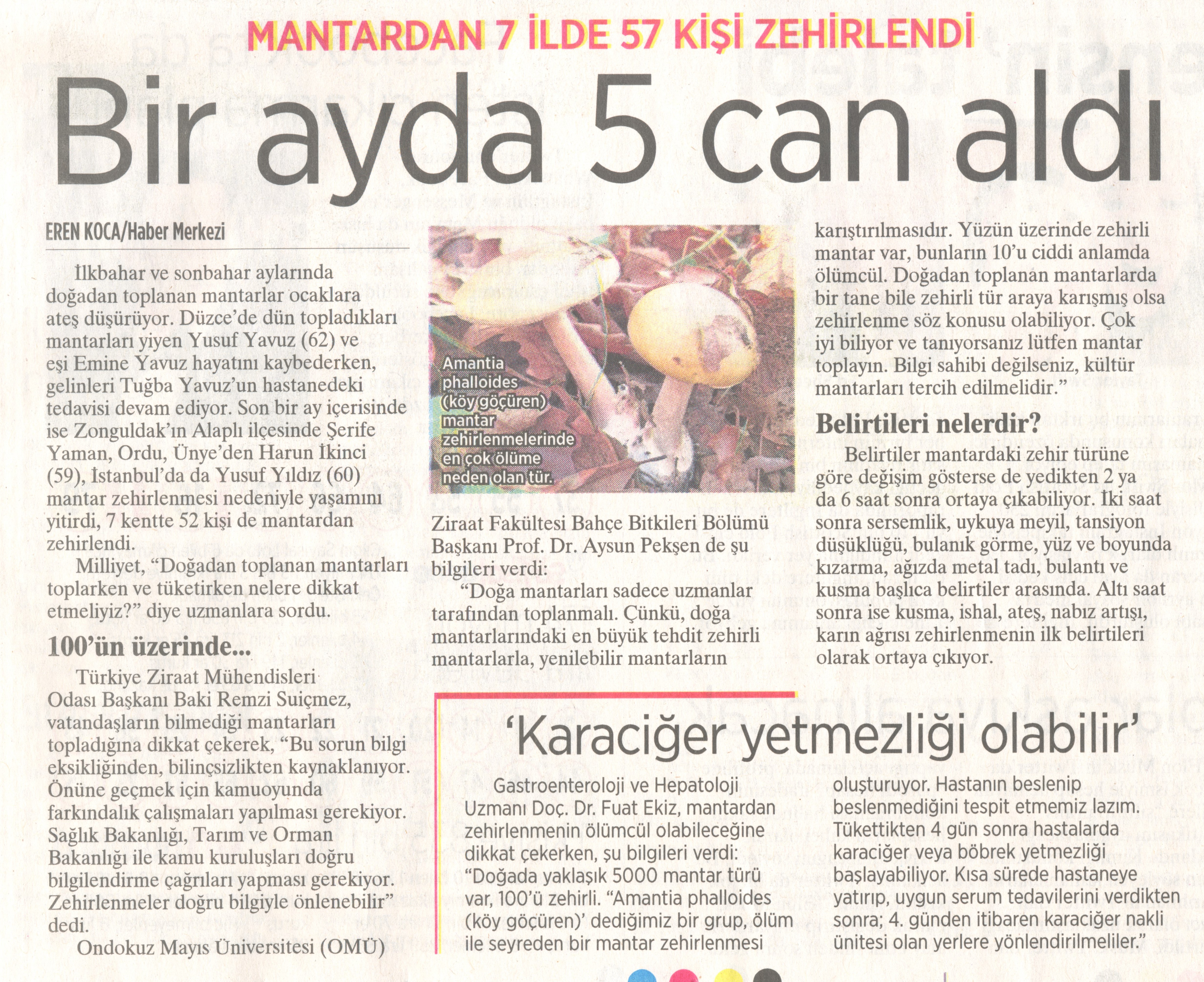 MİLLİYET GAZETESİ: MANTARDAN 7 İLDE 57 KİŞİ ZEHİRLENDİ. BİR AYDA 5 CAN ALDI- 8 KASIM 2022