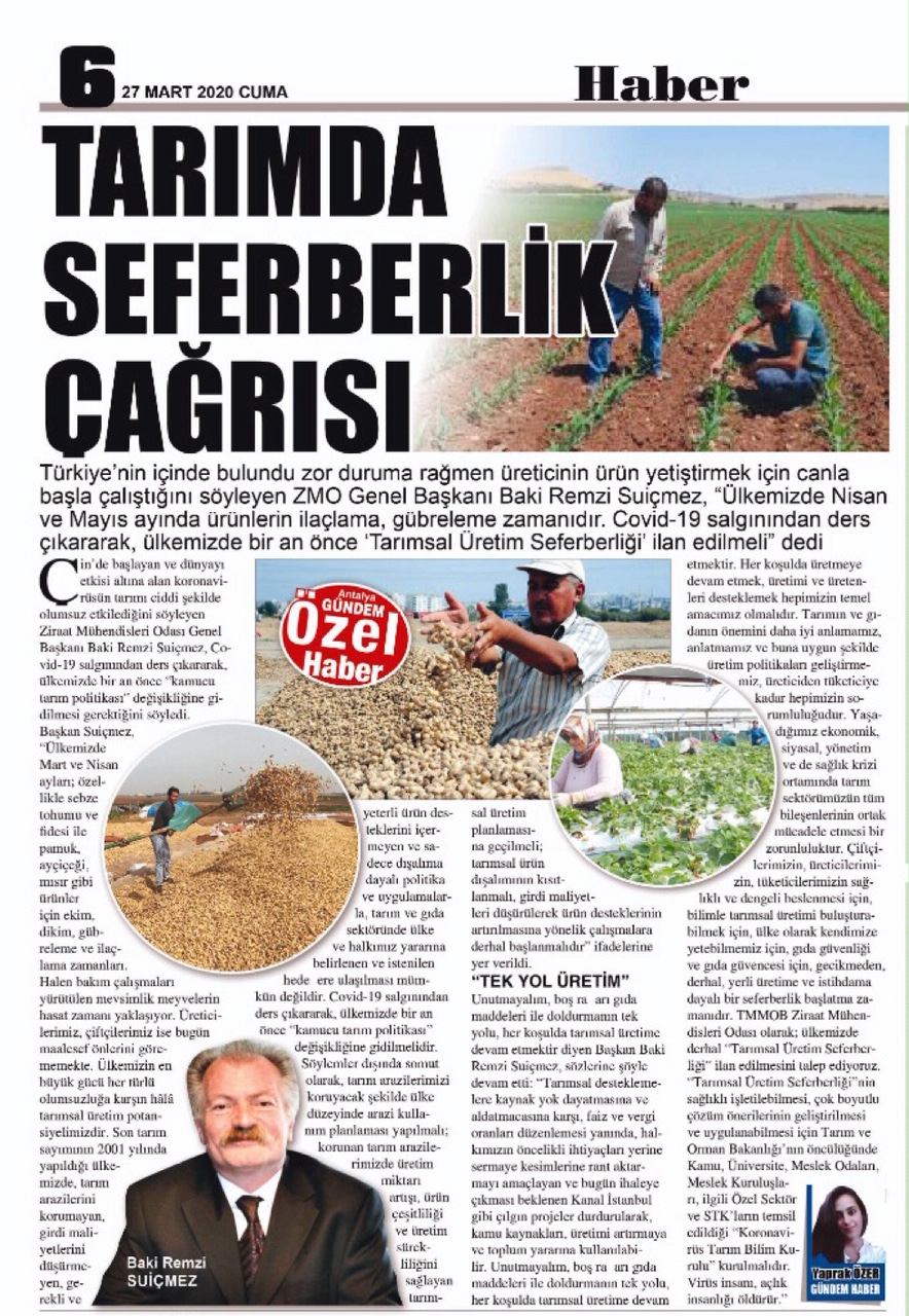 ANTALYA GÜNDEM GAZETESİ: TARIMDA SEFERBERLİK ÇAĞRISI- 27 MART 2020