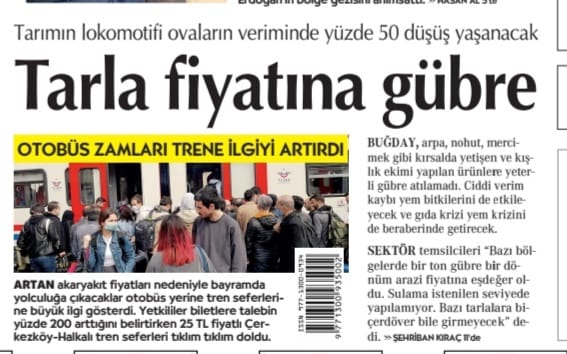 CUMHURİYET GAZETESİ: TARIMDA MALİYETLER ZİRVE YAPTI. 1 TON GÜBRE NEREDEYSE 1 DÖNÜM ARAZİ FİYATINA EŞDEĞER OLDU'- 4 MAYIS 2022