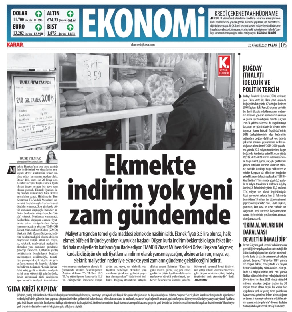 KARAR GAZETESİ: DİKKAT! KAPIDA EKMEK KRİZİ VAR- 26 ARALIK 2021