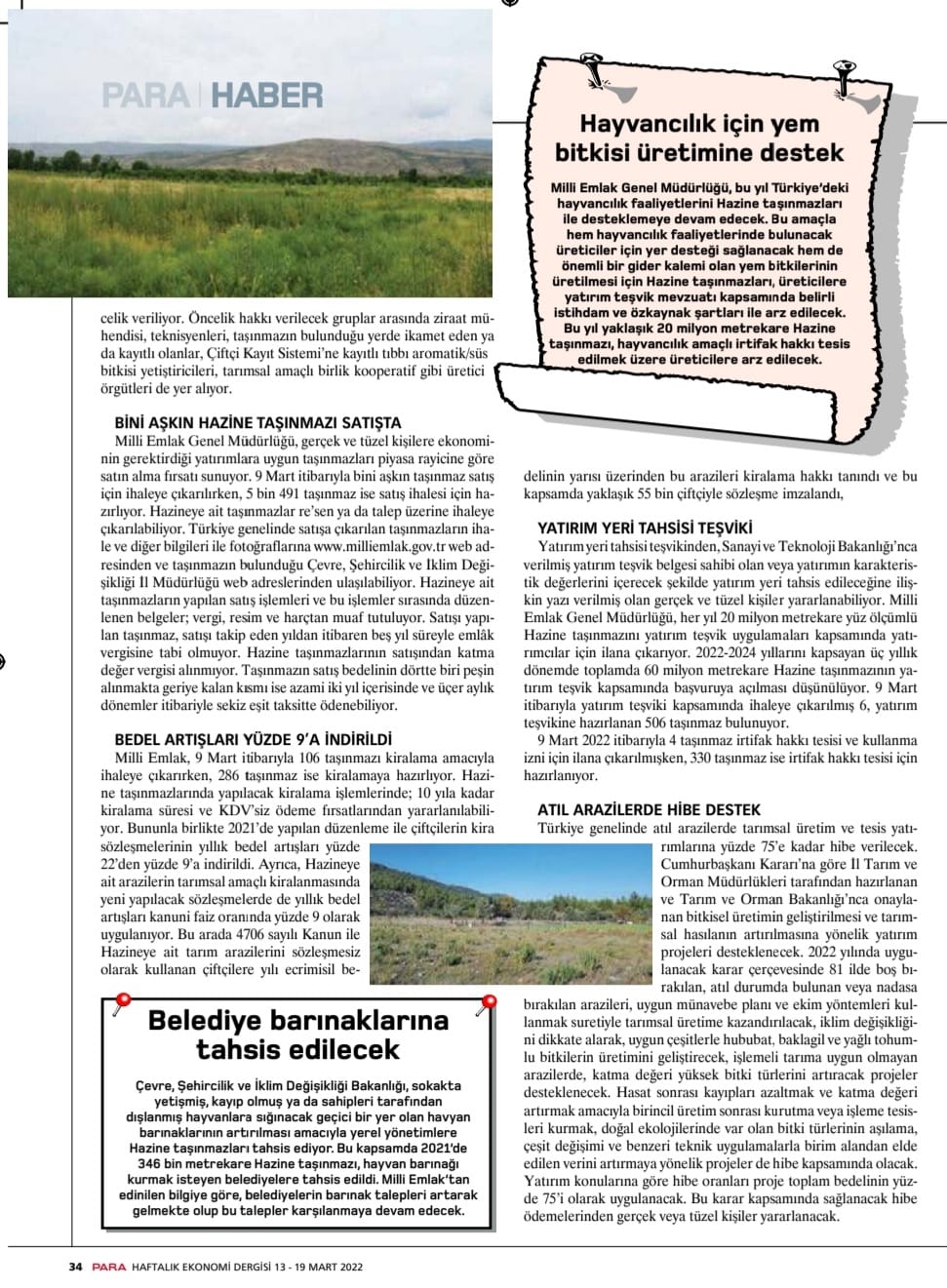 PARA DERGİ: HAZİNE ARAZİLERİ TARIMSAL ÜRETİME AÇILIYOR- 21 MART 2022