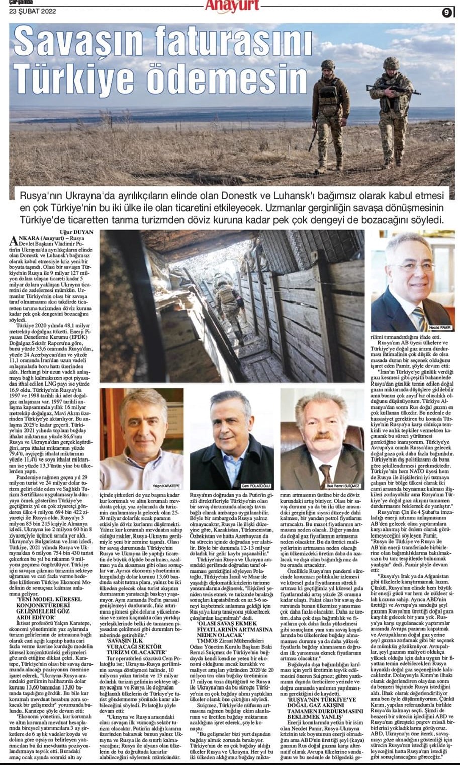 ANAYURT GAZETESİ: SAVAŞIN FATURASINI TÜRKİYE ÖDEMESİN- 23 ŞUBAT 2022