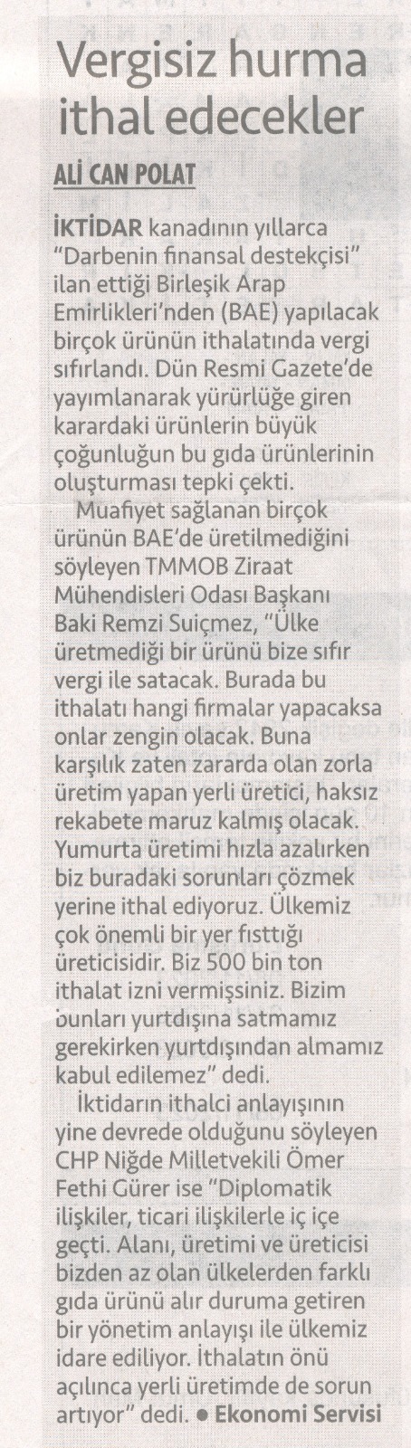 CUMHURİYET GAZETESİ: VERGİSİZ HURMA İTHAL EDECEKLER- 1 EYLÜL 2023
