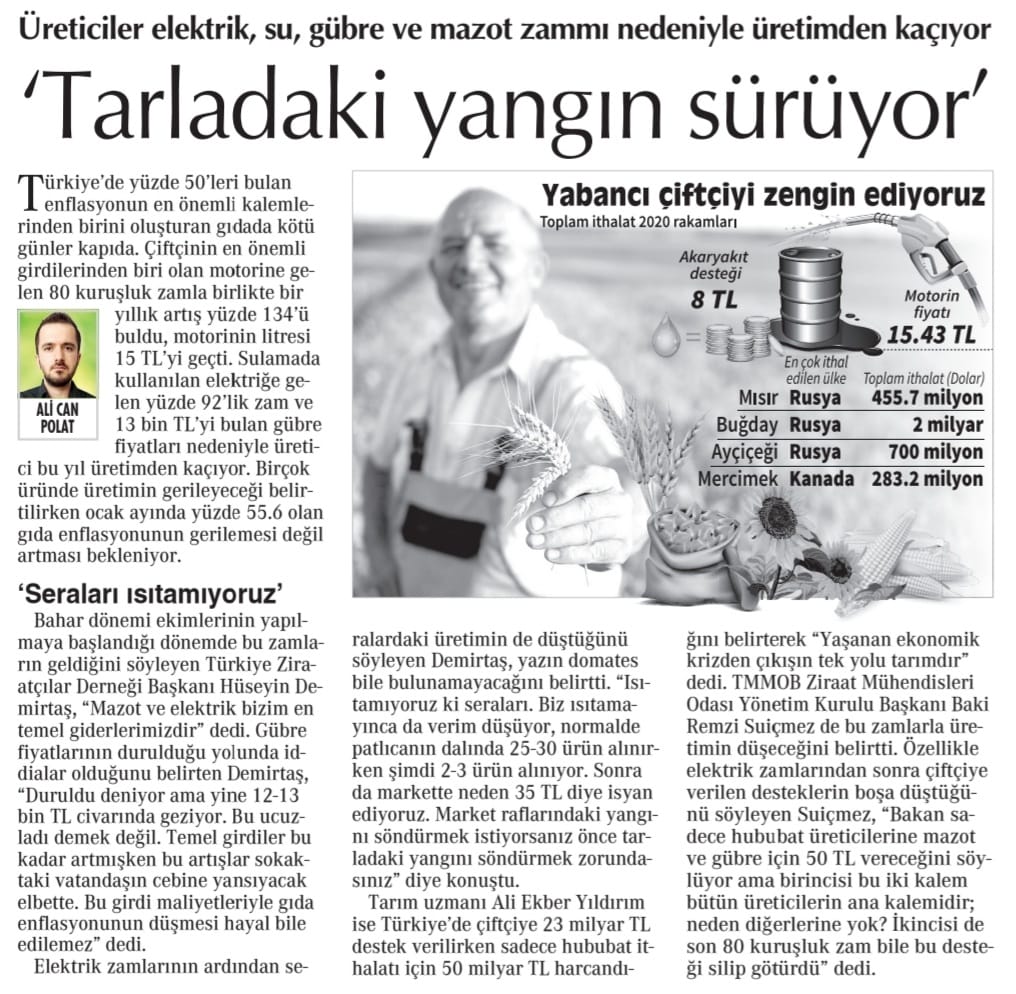 CUMHURİYET GAZETESİ: ÜRETİCİLER ELEKTRİK, SU, GÜBRE VE MAZOT ZAMMI NEDENİYLE ÜRETİMDEN KAÇIYOR- 9 ŞUBAT 2022