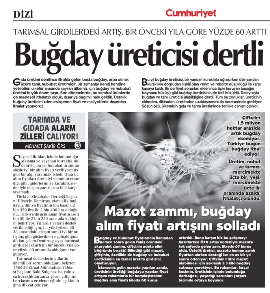 CUMHURİYET GAZETESİ: TARIMSAL GİRDİLERDEKİ ARTIŞ, BİR ÖNCEKİ YILA GÖRE YÜZDE 60 ARTTI- 6 EKİM 2021