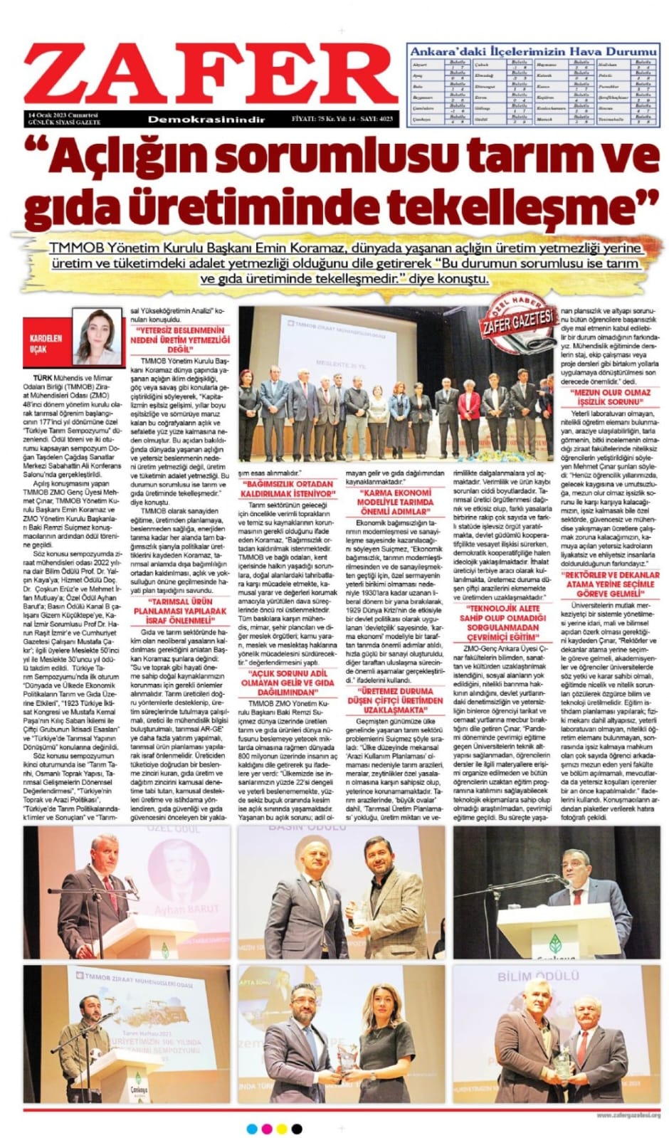 ZAFER GAZETESİ: "AÇLIĞIN SORUMLUSU TARIM VE GIDA ÜRETİMİNDE TEKELLEŞME"- 14 OCAK 2023