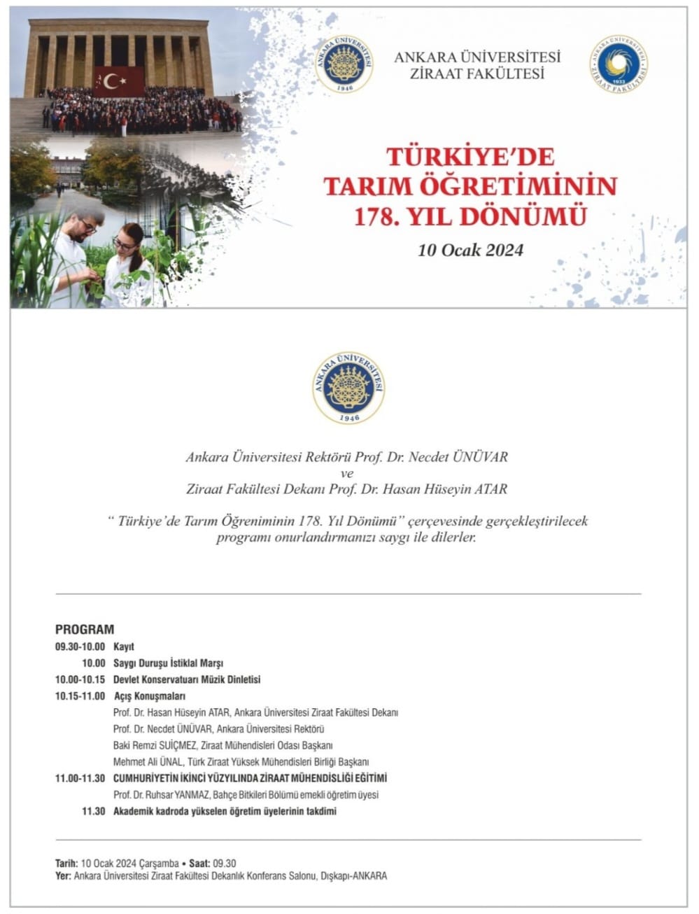ANKARA ÜNİVERSİTESİ ZİRAAT FAKÜLTESİ TÜRKİYE`DE TARIM ÖĞRENİMİNİN 178. YIL DÖNÜMÜ PROGRAMI- 10 OCAK 2024
