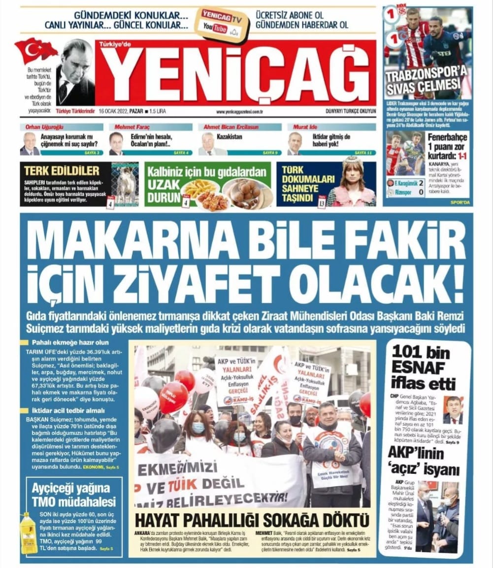 YENİÇAĞ GAZETESİ: YENİÇAĞ BUGÜN BU BAŞLIKLA ÇIKTI- 16 OCAK 2022