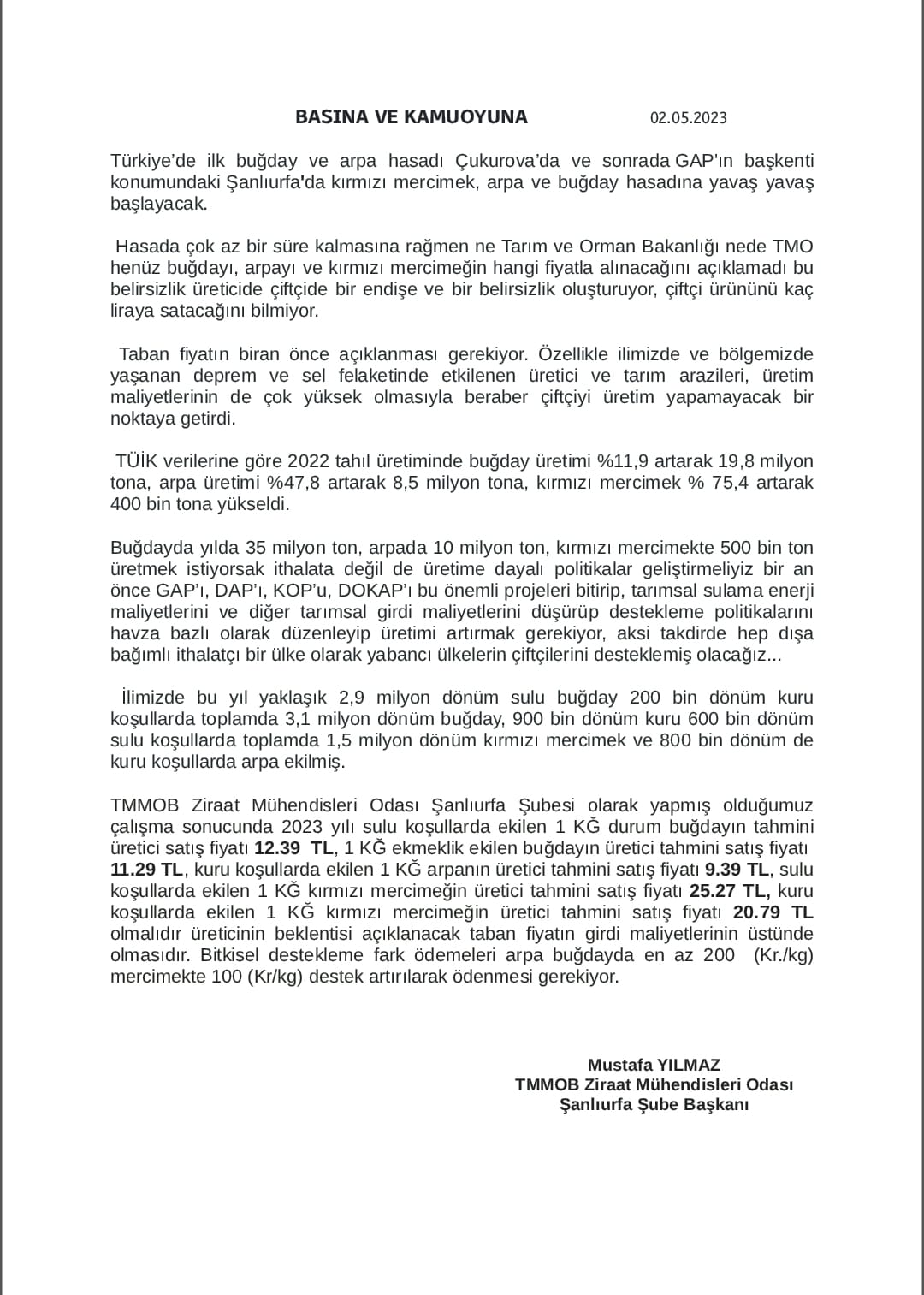2023 YILI HUBUBAT MALİYET BASIN AÇIKLAMASI 