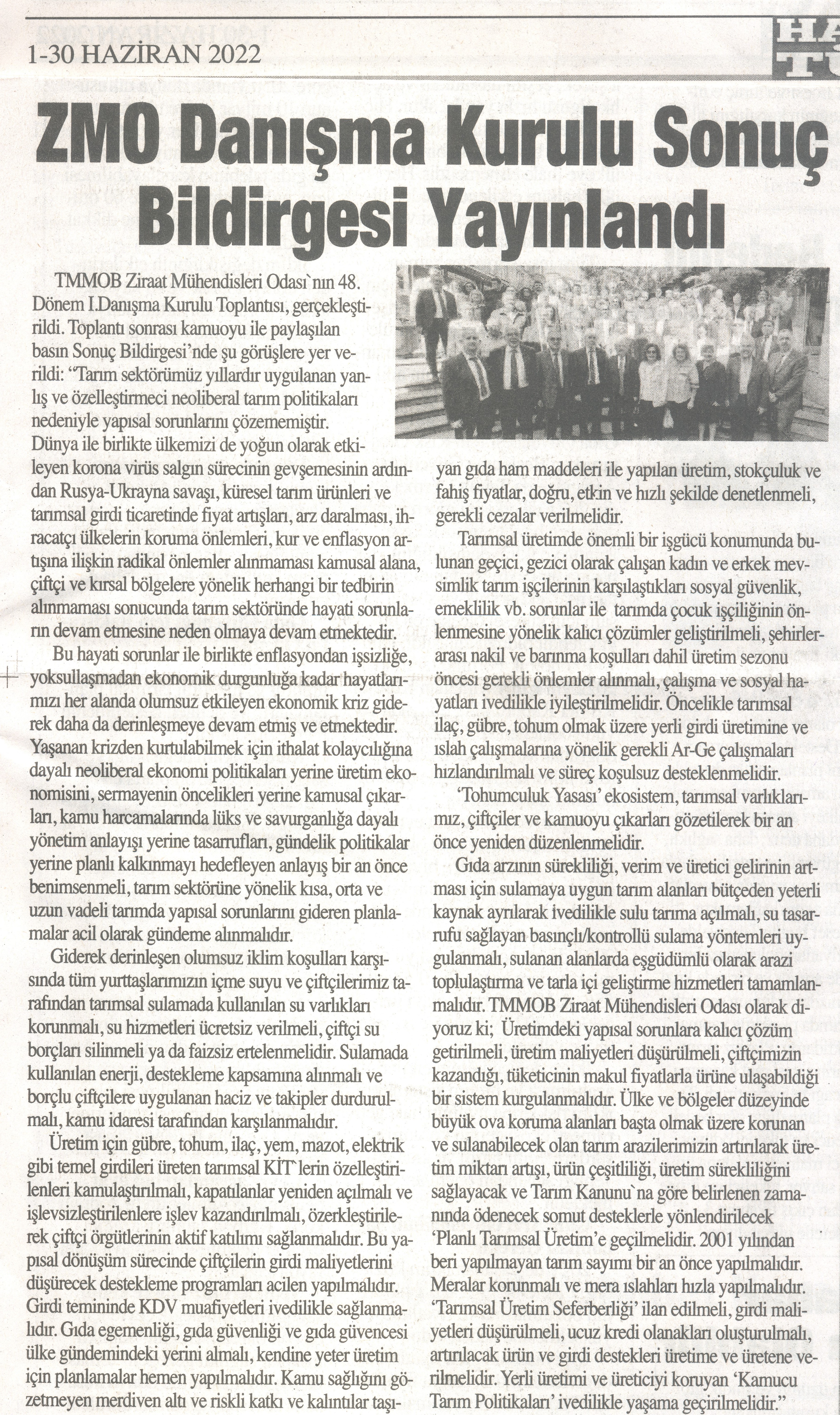 HASAT TÜRK GAZETESİ: ZMO DANIŞMA KURULU SONUÇ BİLDİRGESİ YAYINLANDI- 1/30 HAZİRAN 2022