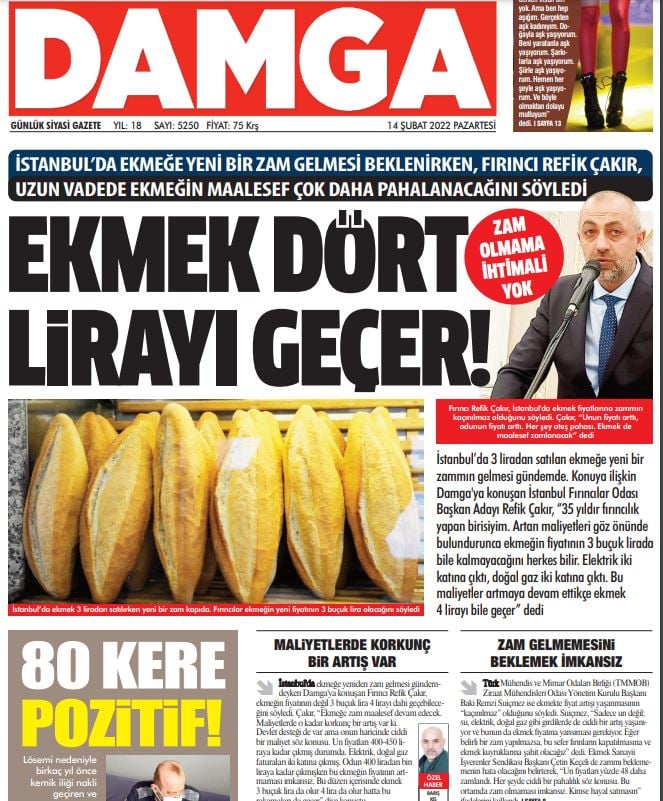 DAMGA GAZETESİ: EKMEK 4 LİRAYI GEÇER- 14 ŞUBAT 2022
