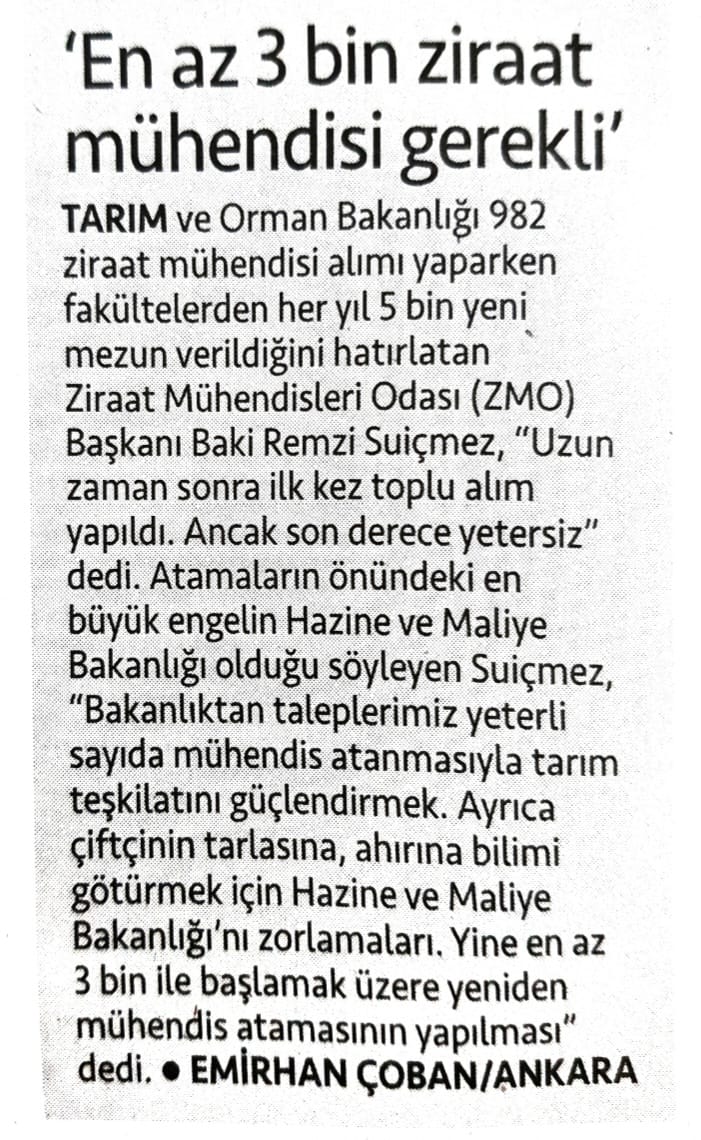 CUMHURİYET GAZETESİ: EN AZ 3 BİN ZİRAAT MÜHENDİSİ GEREKLİ'- 22 MART 2024