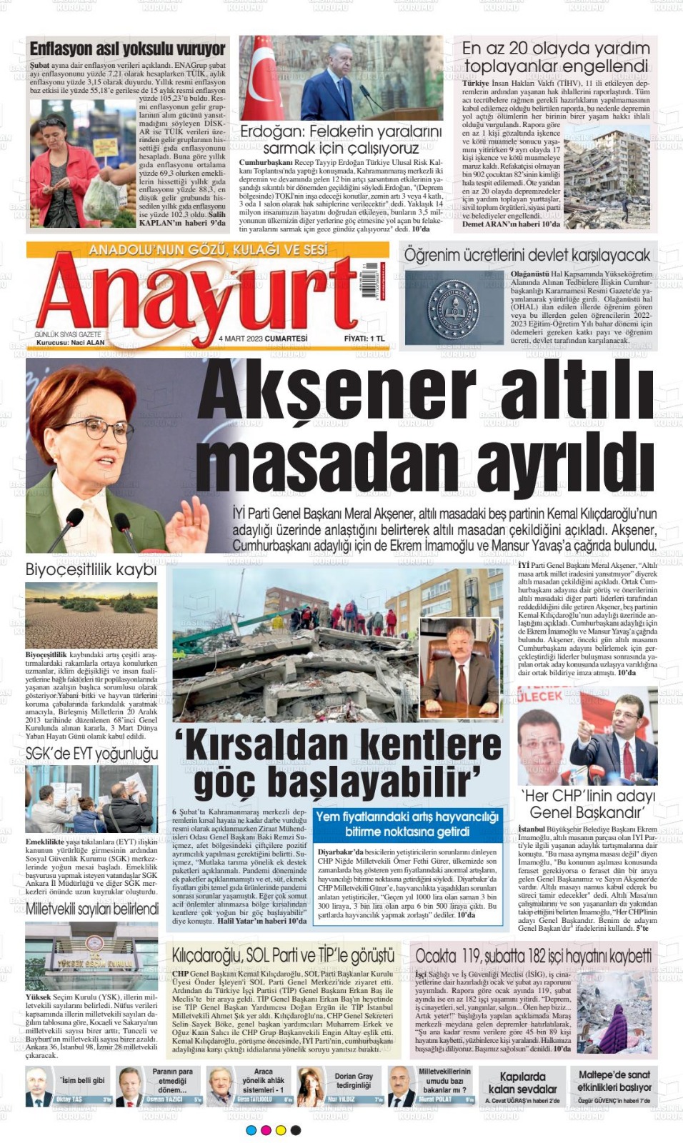 ANAYURT GAZETESİ: KIRSALDAN KENTLERE GÖÇ BAŞLAYABİLİR'-3 MART 2023