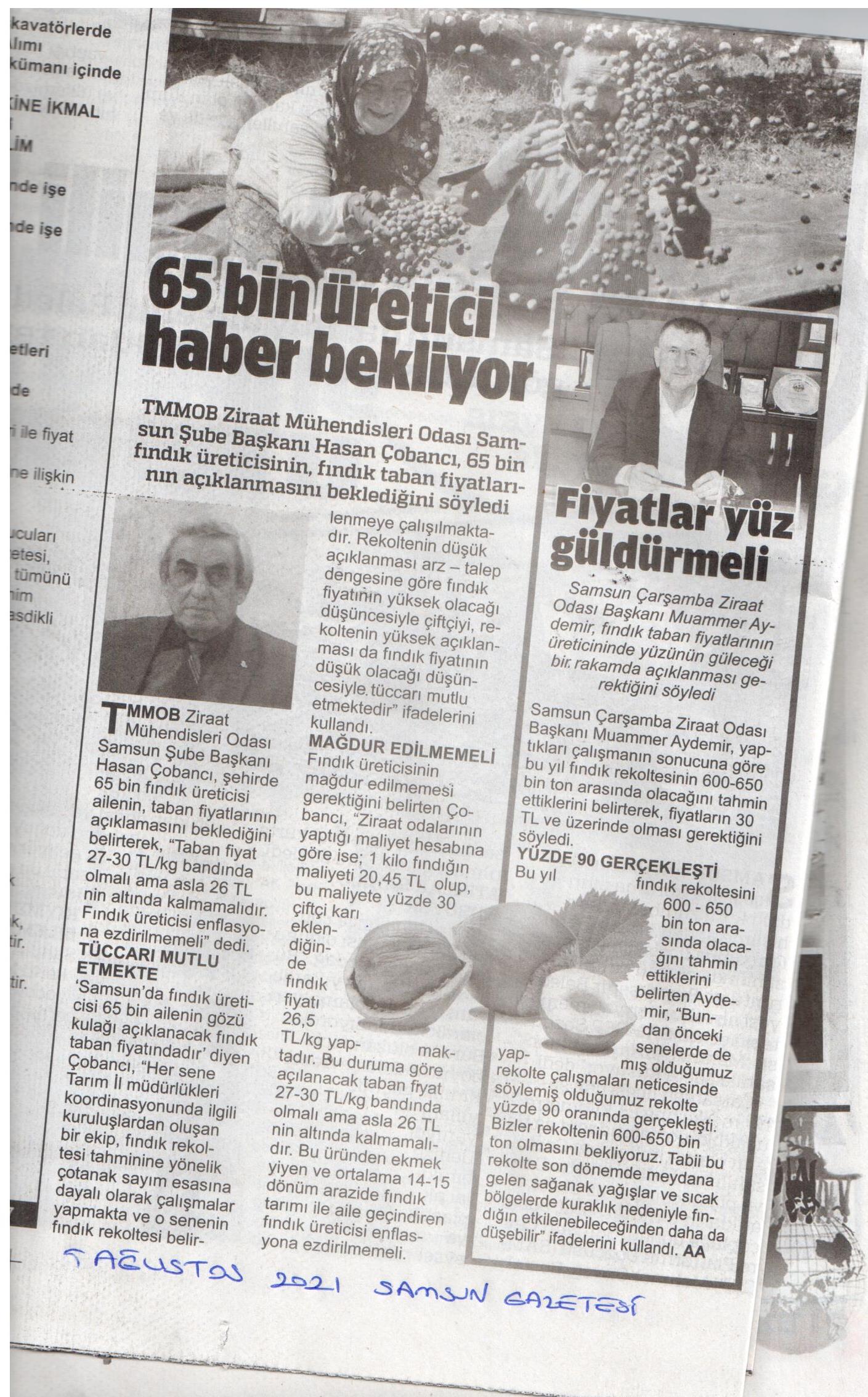 SAMSUN GAZETESİ: 65 BİN ÜRETİCİ HABER BEKLİYOR-5 AĞUSTOS 2021