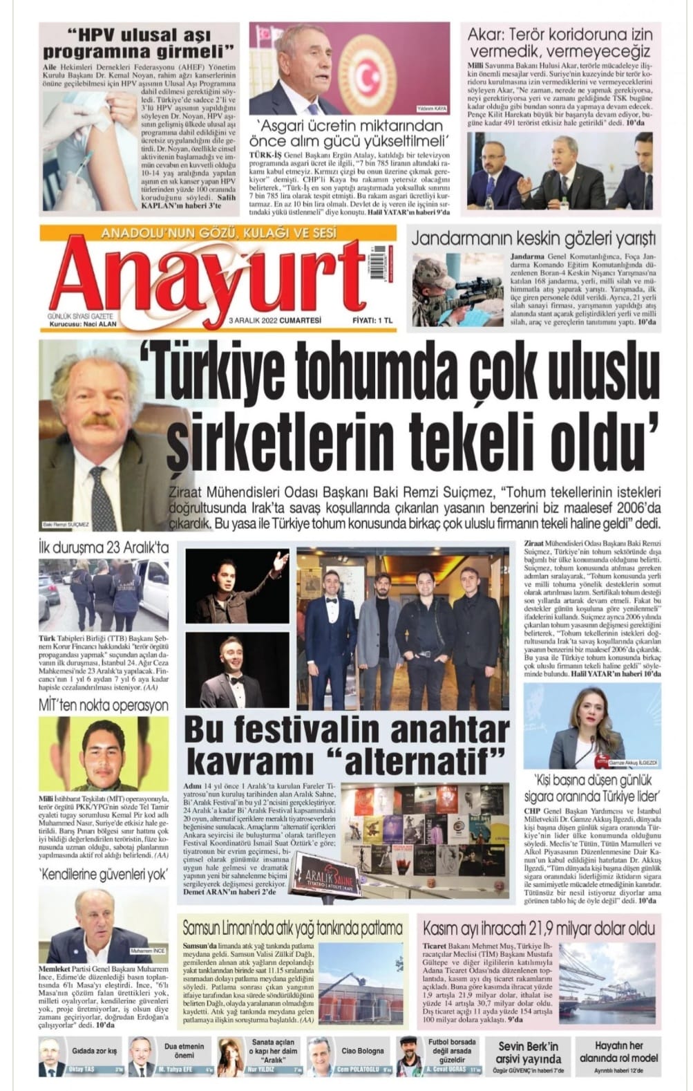 ANAYURT GAZETESİ: TÜRKİYE TOHUMDA ÇOK ULUSLU ŞİRKETLERİN TEKELİ HALİNE GELDİ'- 2 ARALIK 2022