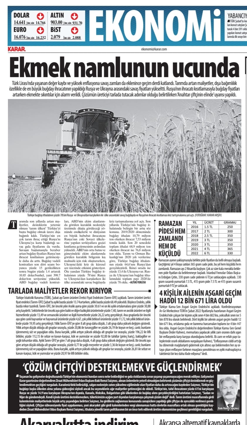 KARAR GAZETESİ: EKMEK SAVAŞI- 16 MART 2022