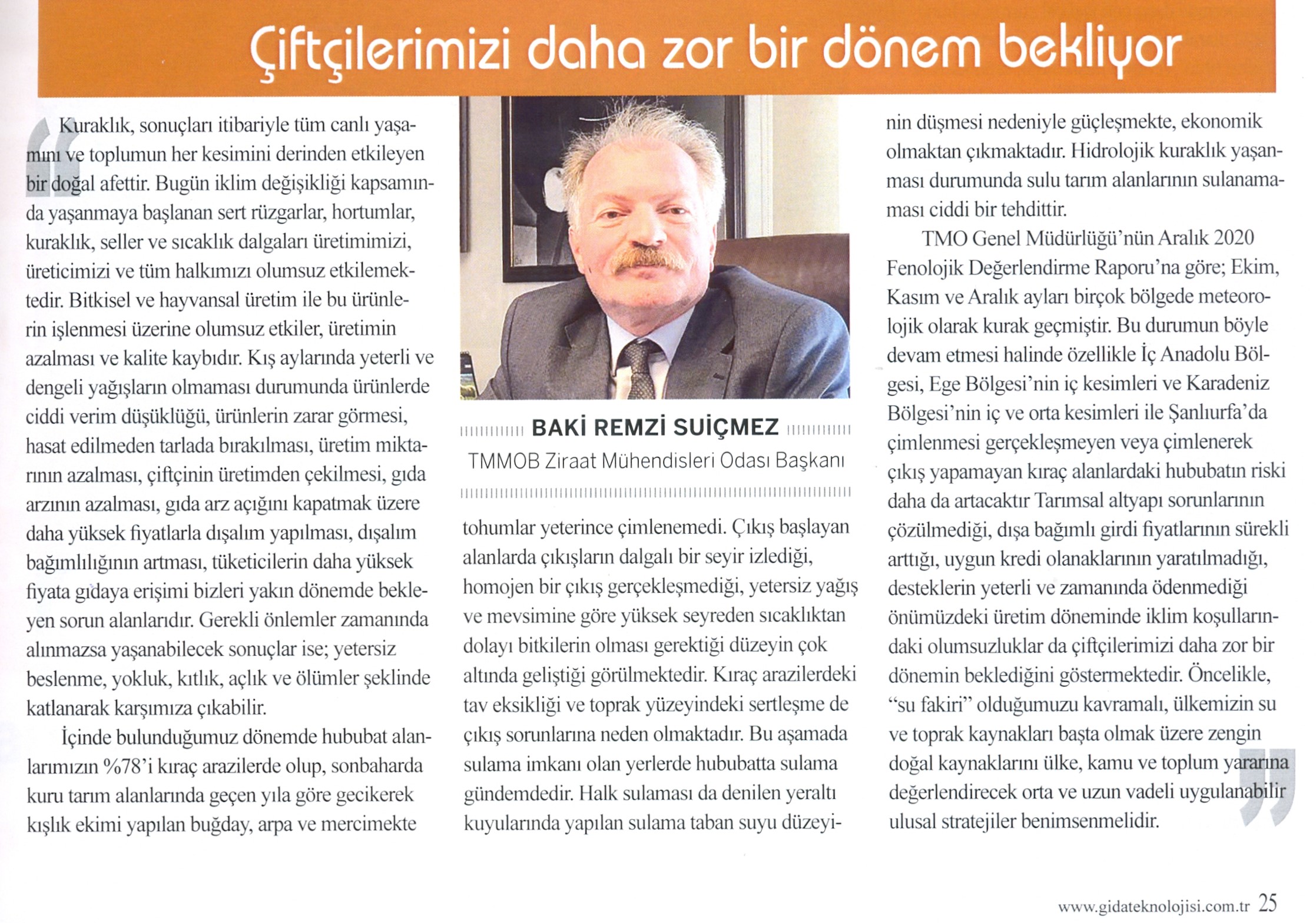 GIDA TEKNOLOJİSİ DERGİSİ: TARIM VE GIDAYI BEKLEYEN BÜYÜK TEHLİKE KURAKLIK- ŞUBAT 2021