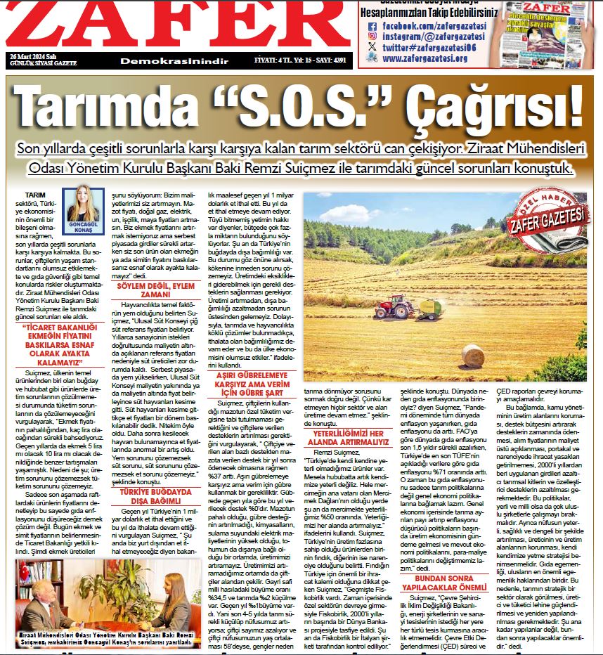 ZAFER GAZETESİ: TARIMDA S.O.S. ÇAĞRISI!- 25 MART 2024